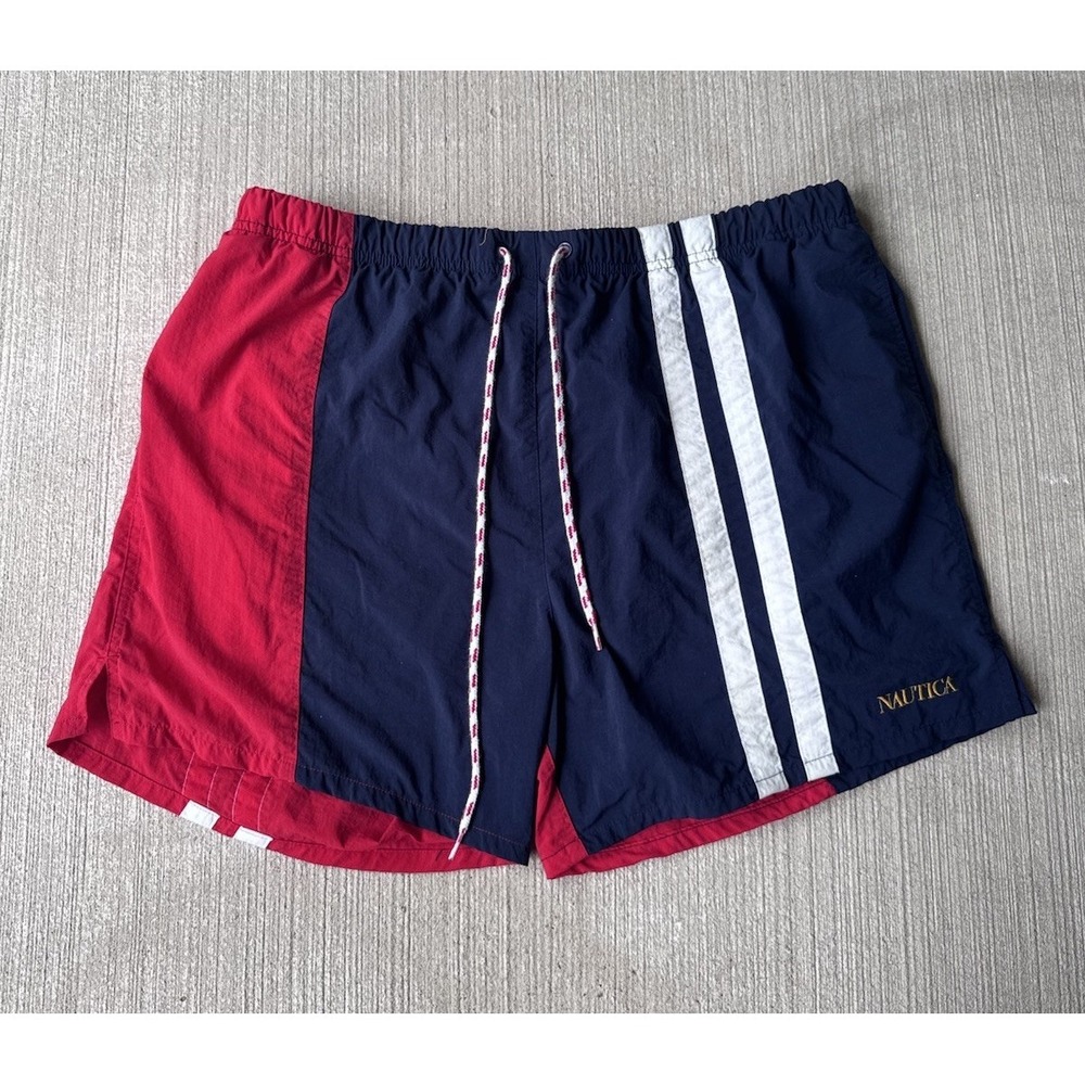 Nautica Swim Trunks Men's Large Red/White/Blue Mesh Lined Striped Colorblock